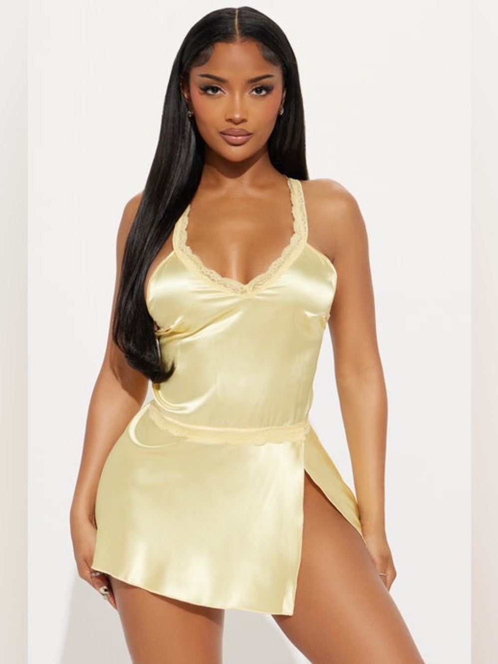 NWT Fashion Nova Talk So Sweet Satin Babydoll Lace Chemise Slip Butter Yellow